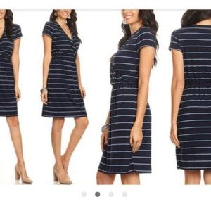Banana Republic Women Stripe Faux Wrap Midi Dress V Neck Cap Sleeve Blue White M